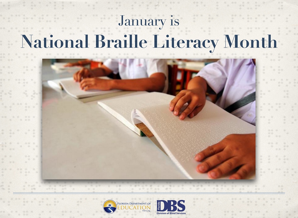 Image of youthful hands reading Braille. Text reads 'January is National Braille Literacy Month'